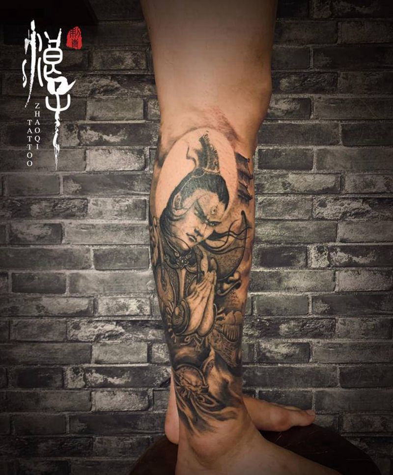 显圣真君纹身图片_腿部新传统纹身图案