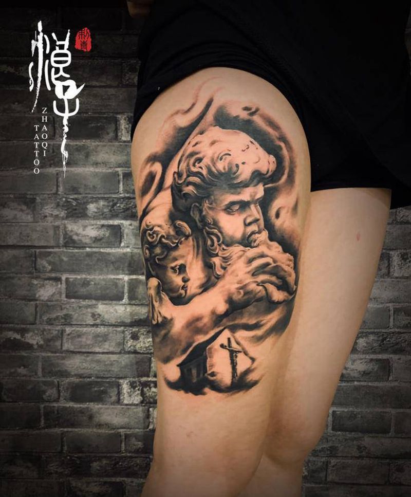天使纹身图片_腿部欧美写实纹身图案