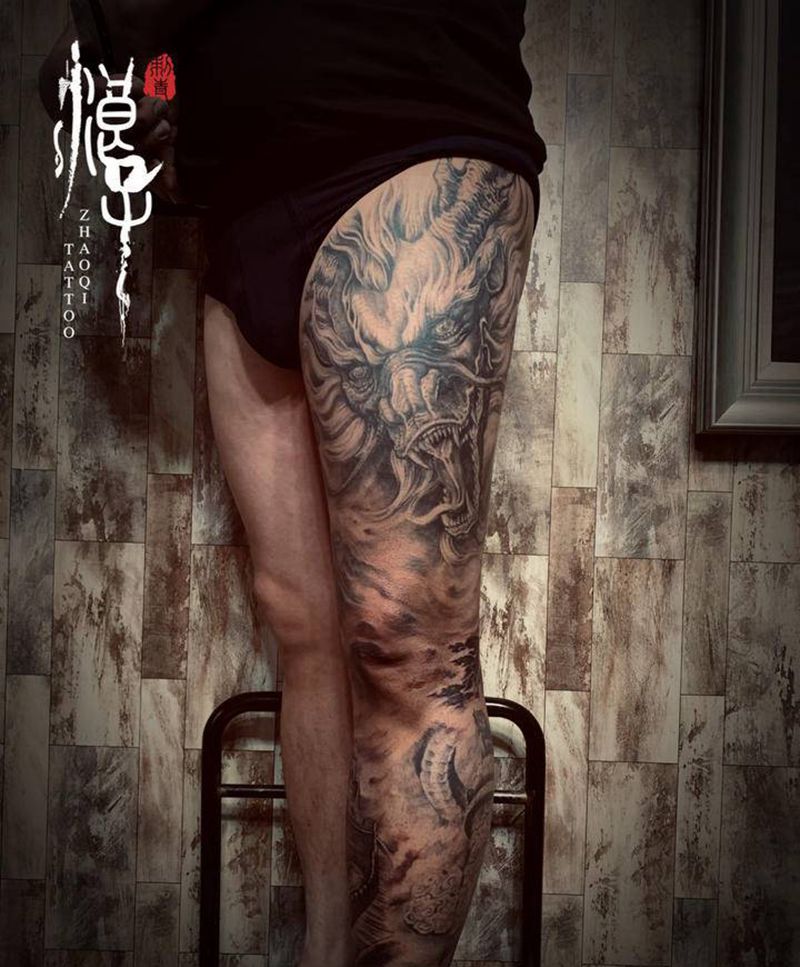 龙游华夏纹身图片_腿部新传统纹身图案