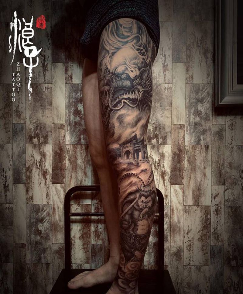 龙游华夏纹身图片_腿部新传统纹身图案