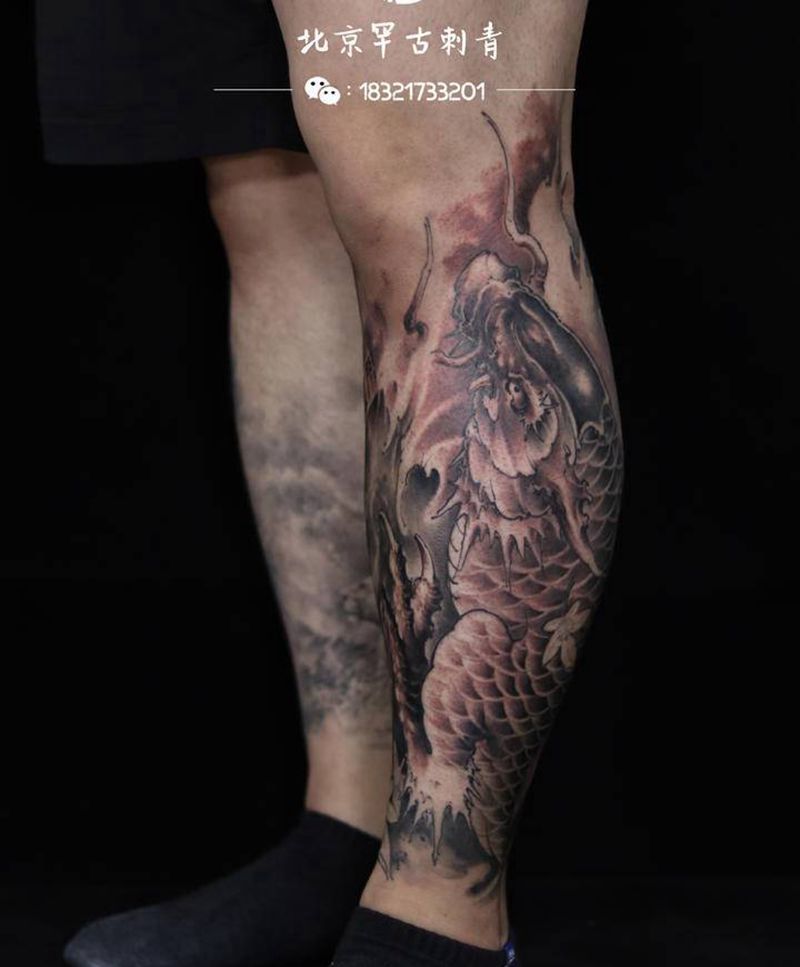 鳌鱼纹身图片_腿部新传统鳌鱼纹身图案