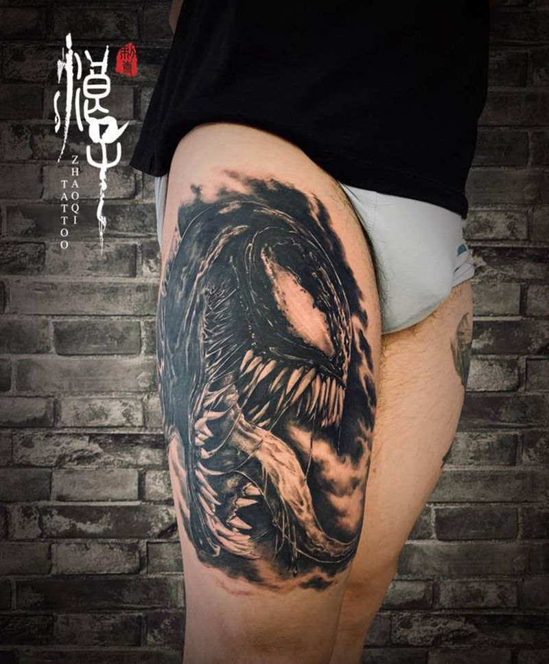 毒液纹身图片_腿部欧美写实纹身图案