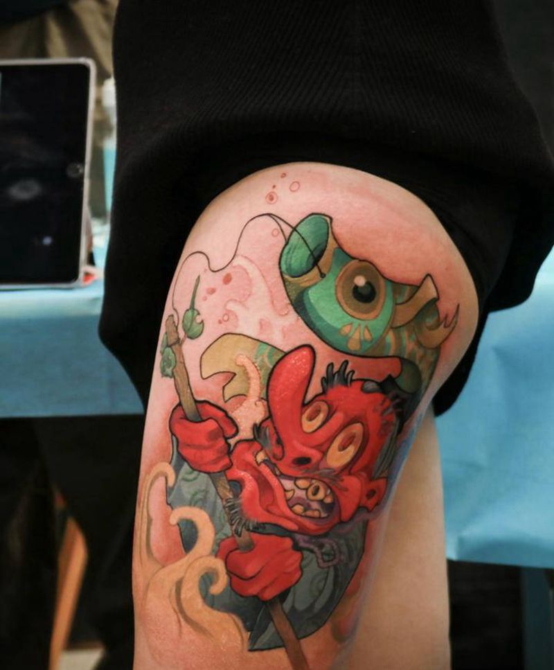 西安展会现场作品纹身图片_腿部New School纹身图案