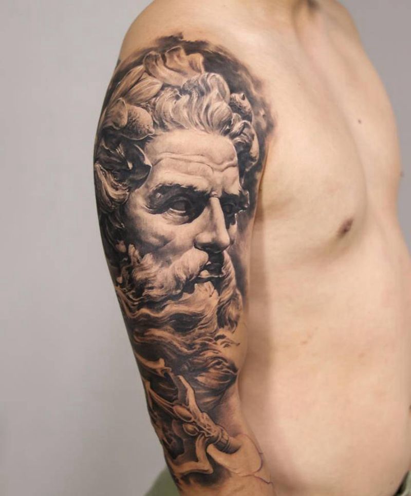 海神波塞冬主题花臂纹身图片_手臂欧美写实海神海王波塞冬纹身图案