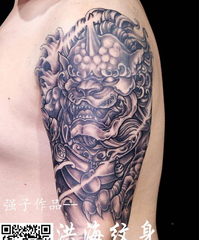 唐狮纹身图片_手臂老传统新传统纹身图案