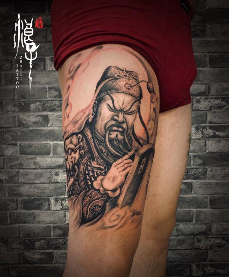 关圣帝君纹身图片_腿部新传统关公关羽关二爷纹身图案