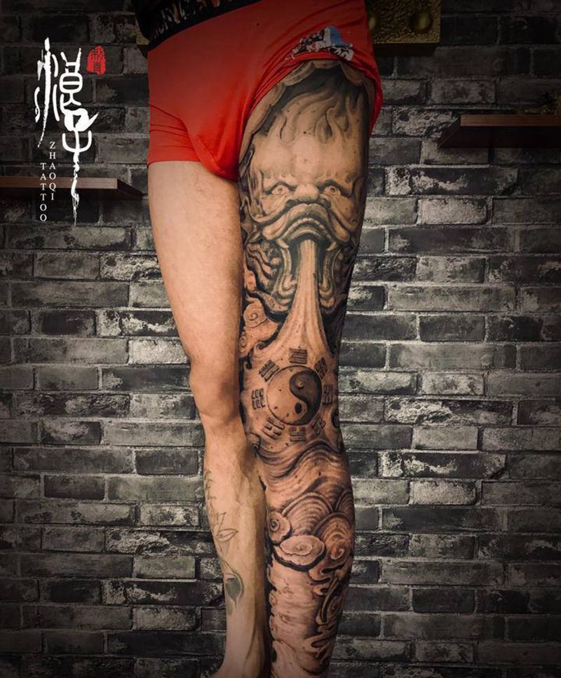 八卦雕龙纹身图片_腿部新传统石雕龙龙纹身图案