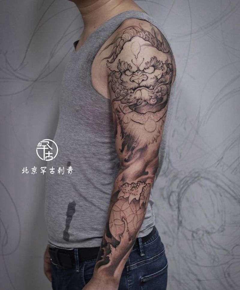 唐狮花臂纹身图片_手臂新传统唐狮纹身图案