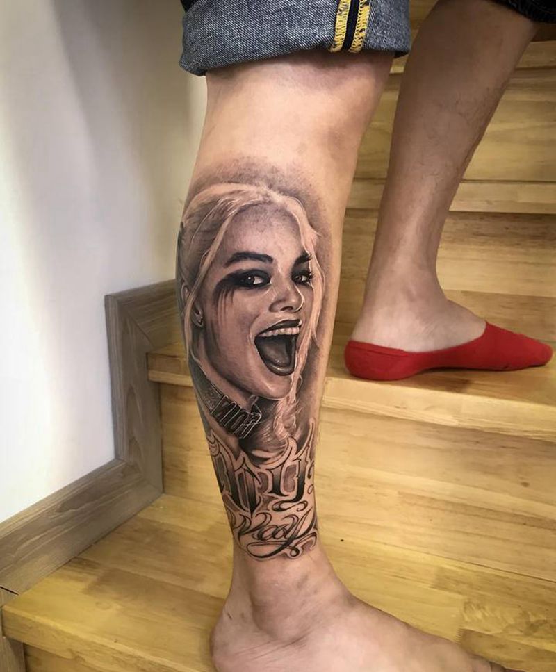 小丑女纹身图片_腿部欧美写实小丑小丑女纹身图案