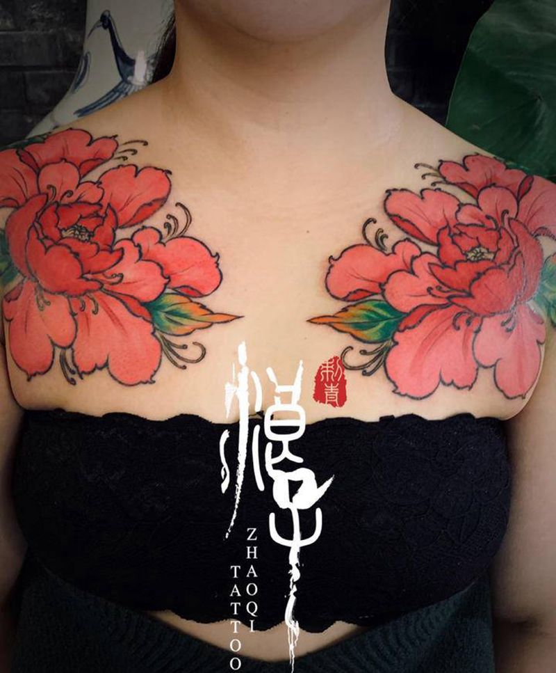 富贵牡丹纹身图片_胸部新传统牡丹花纹身图案