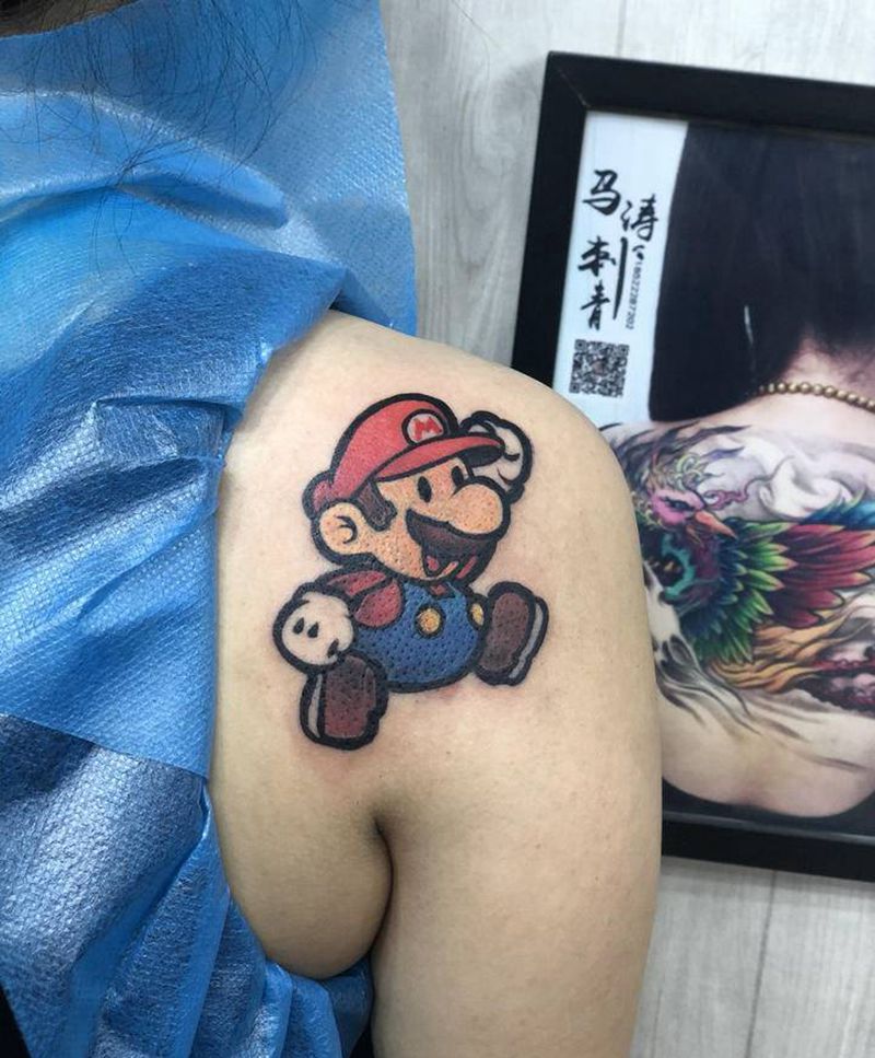 超级玛丽纹身图片_肩部背部老传统Old School纹身图案