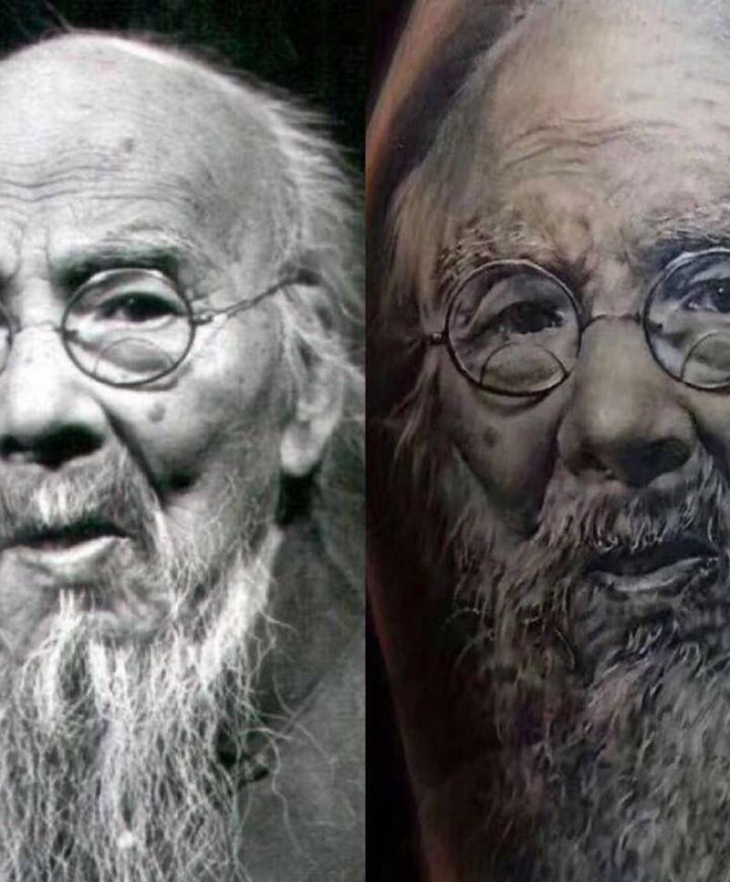 白石老人纹身图片_腿部纹身图案