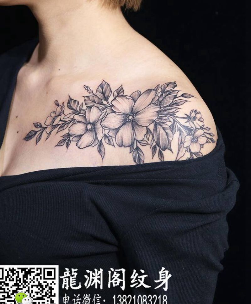 肩花纹身图片_胸部肩部点刺新传统纹身图案