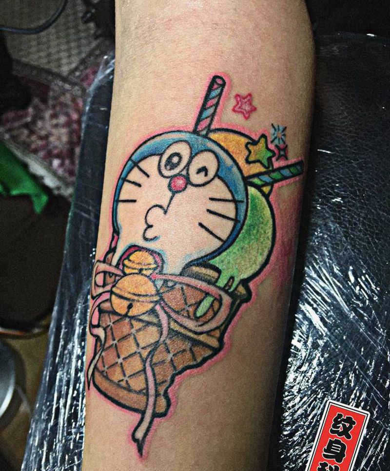 又一个生日礼物，彩色小叮当～冰纹身图片_手臂水墨New School哆啦A梦小叮当彩色纹身图案
