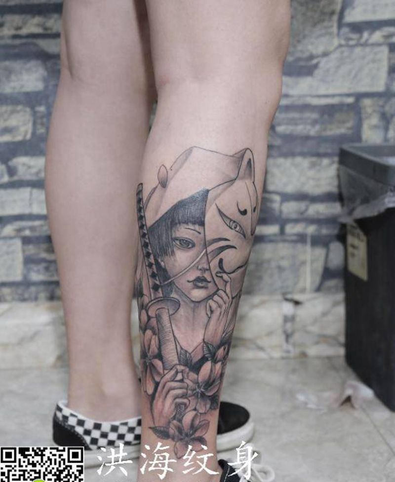 艺妓纹身图片_腿部新传统纹身图案