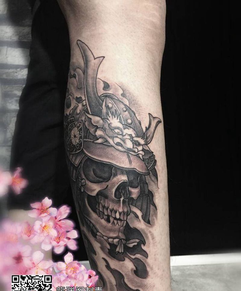 鬼武士纹身图片_腿部新传统纹身图案