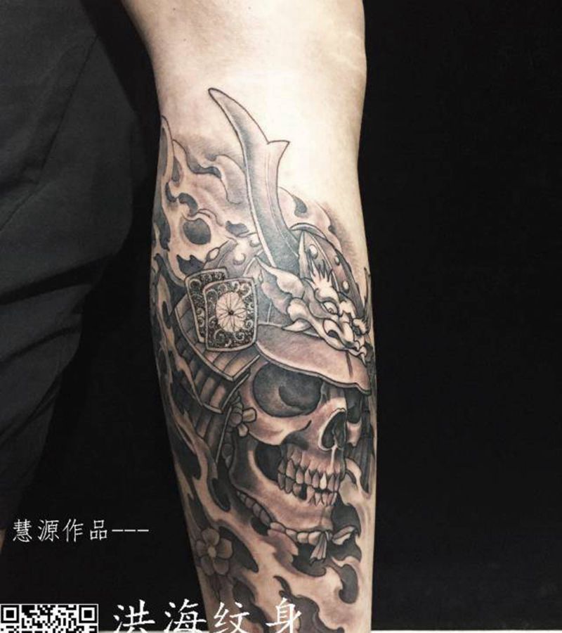 鬼武士纹身图片_腿部新传统纹身图案
