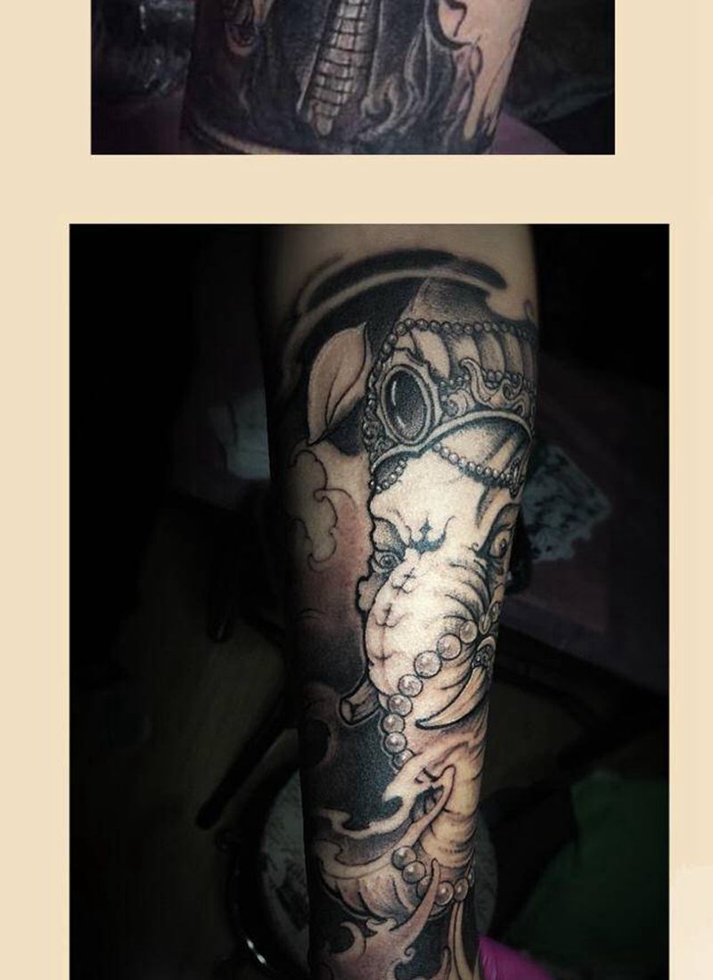 近期工作纹身图片_手臂腿部老传统花体字纹身图案