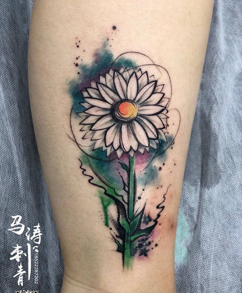 雏菊纹身图片_腿部脚部水彩New School纹身图案