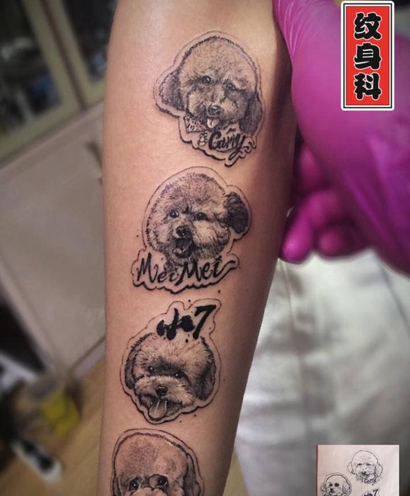 狗狗全家福纹身图片_手臂欧美写实狗狗纹身图案
