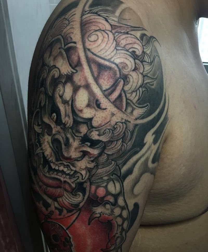 暗黑福狮纹身图片_手臂新传统福狮纹身图案