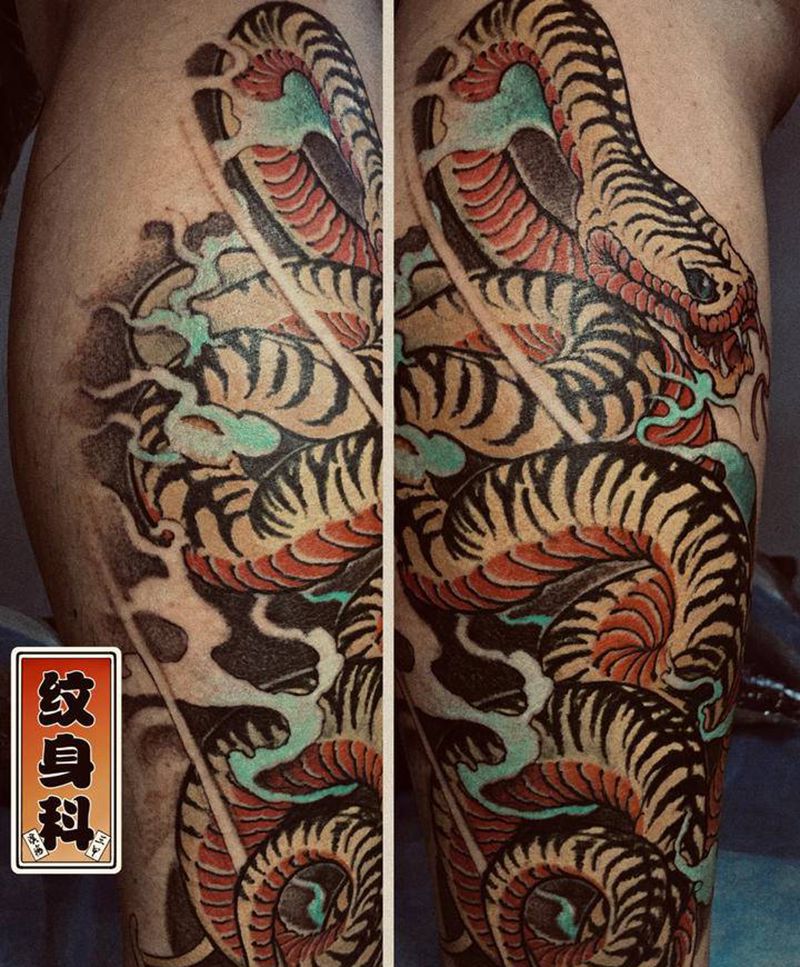 虎皮.蛇纹身图片_腿部老传统蛇纹身图案
