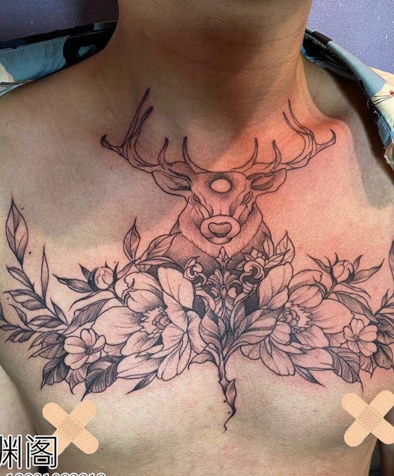鹿与花纹身图片_胸部点刺纹身图案