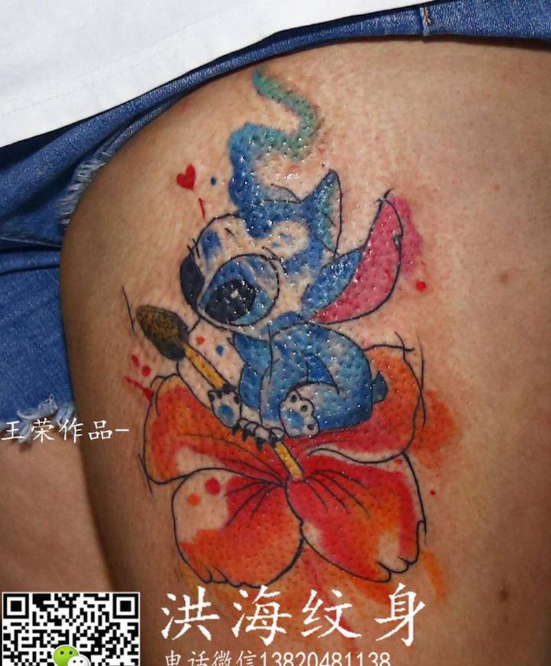 史迪仔纹身图片_腿部水彩纹身图案