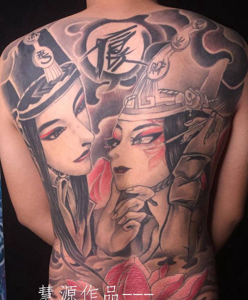 黑白无常纹身图片_背部纹身图案