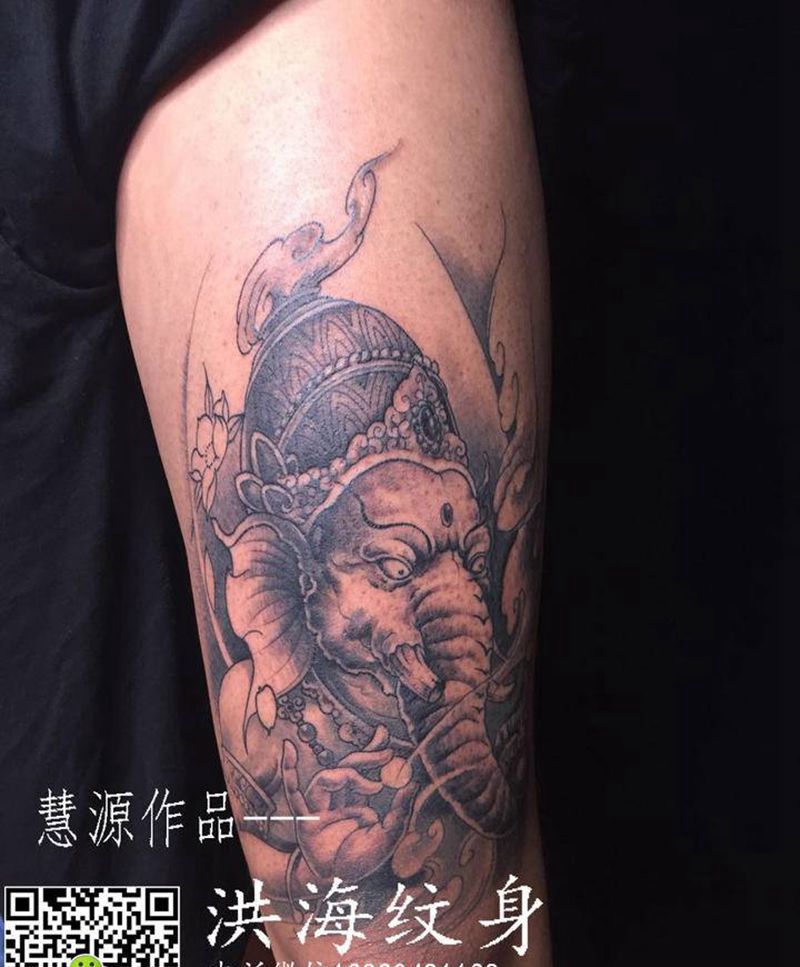象神纹身图片_腿部新传统纹身图案