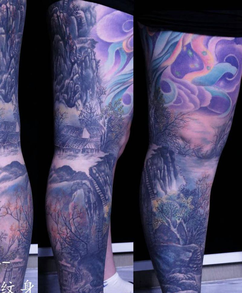 山水画纹身图片_腿部新传统水彩纹身图案