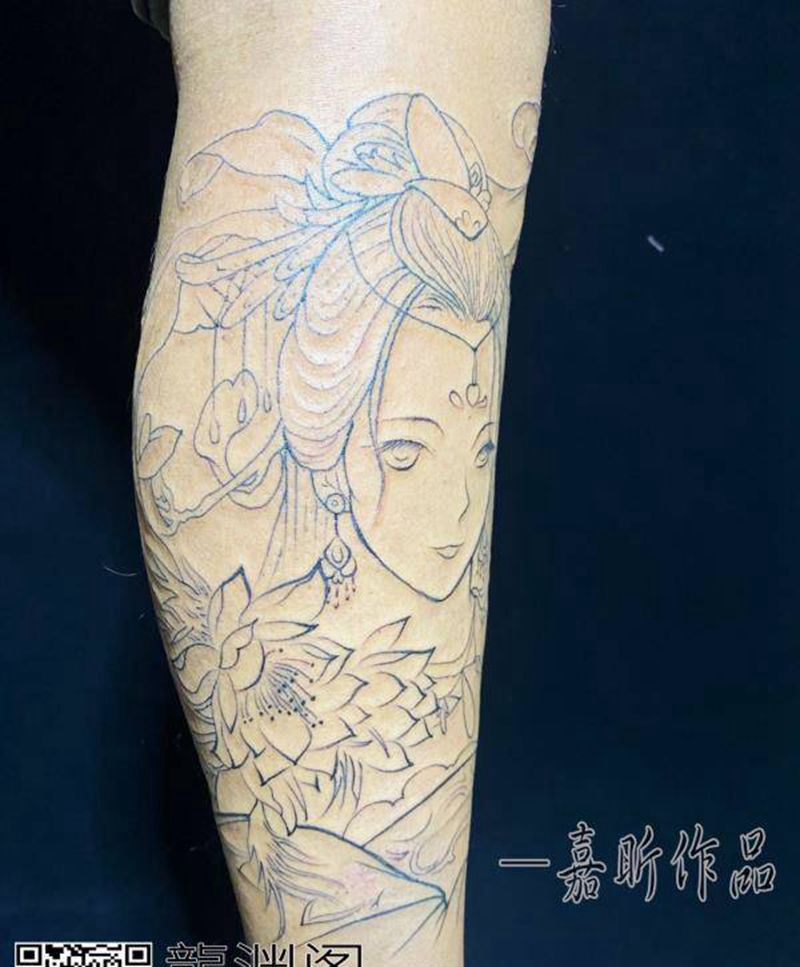 艺妓纹身图片_腿部新传统纹身图案