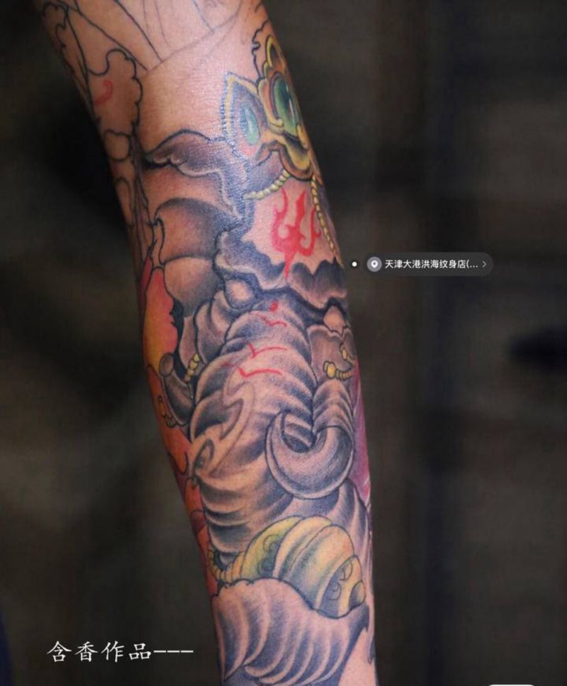 象神-牡丹纹身图片_手臂纹身图案