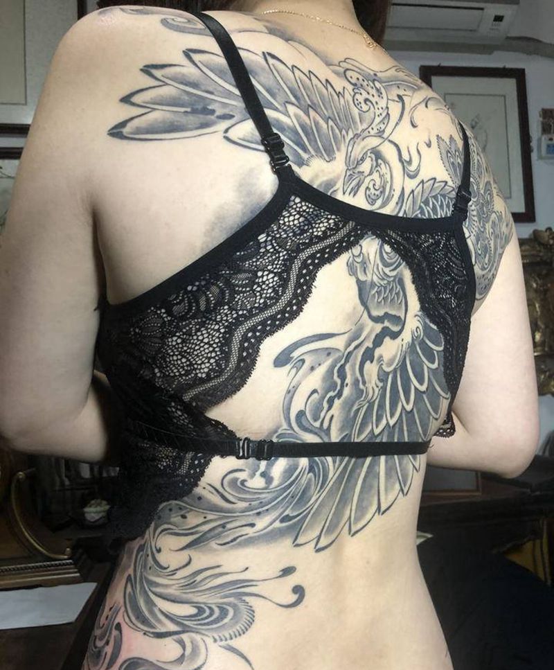 鳳凰纹身图片_背部腰部水墨纹身图案