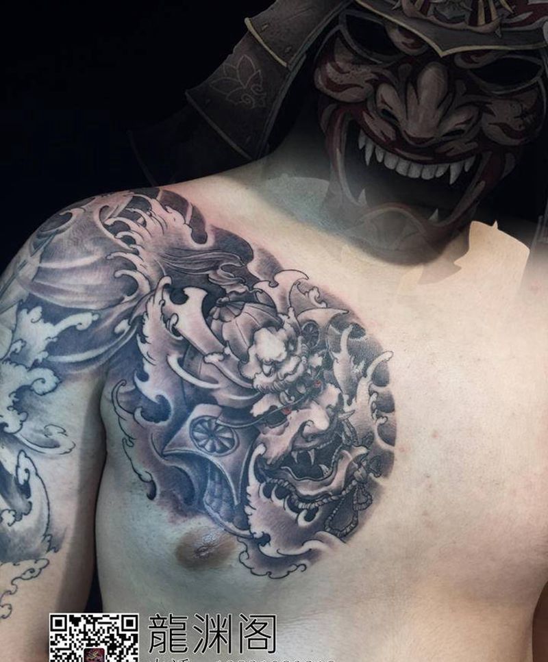 鬼武士纹身图片_胸部新传统纹身图案