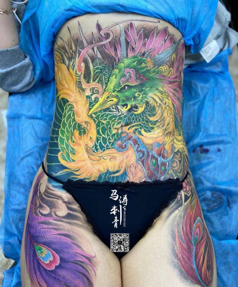 凤凰纹身图片_腹部腿部新传统纹身图案