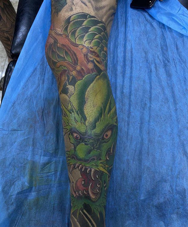 花腿龙纹身纹身图片_腿部新传统New School纹身图案