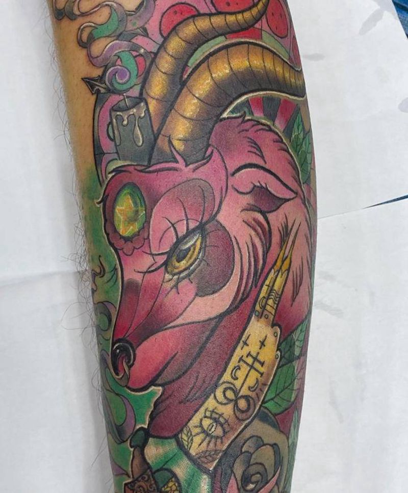 羊纹身纹身图片_腿部New School欧美写实纹身图案