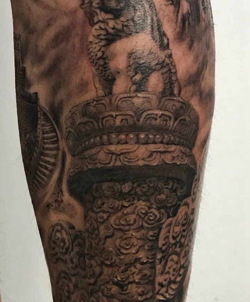 华表纹身纹身图片_腿部新传统水墨纹身图案