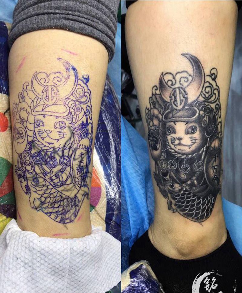 招财猫遮盖纹身图片_腿部老传统纹身图案