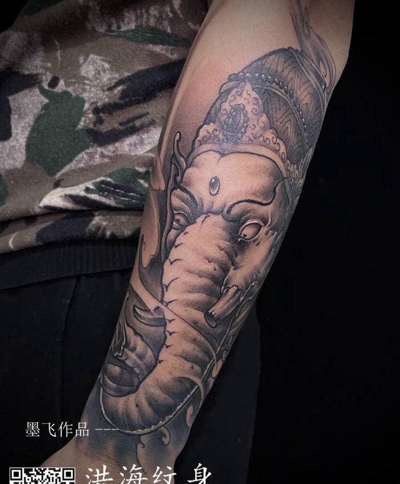象神纹身图片_手臂新传统纹身图案