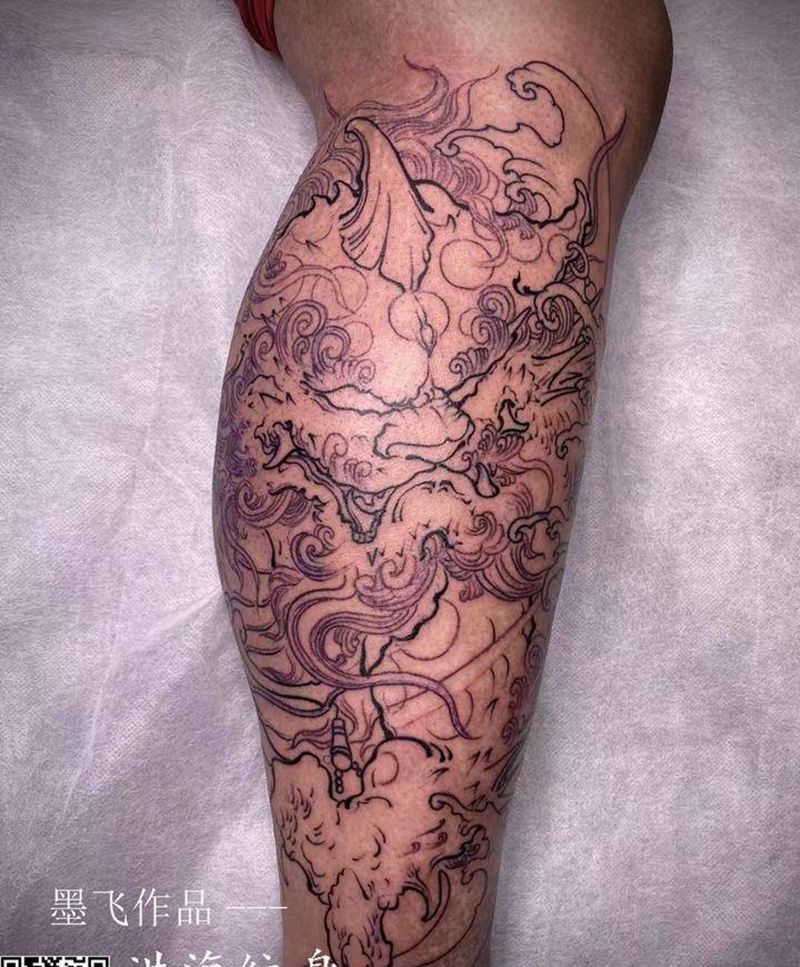 唐狮纹身图片_腿部新传统纹身图案