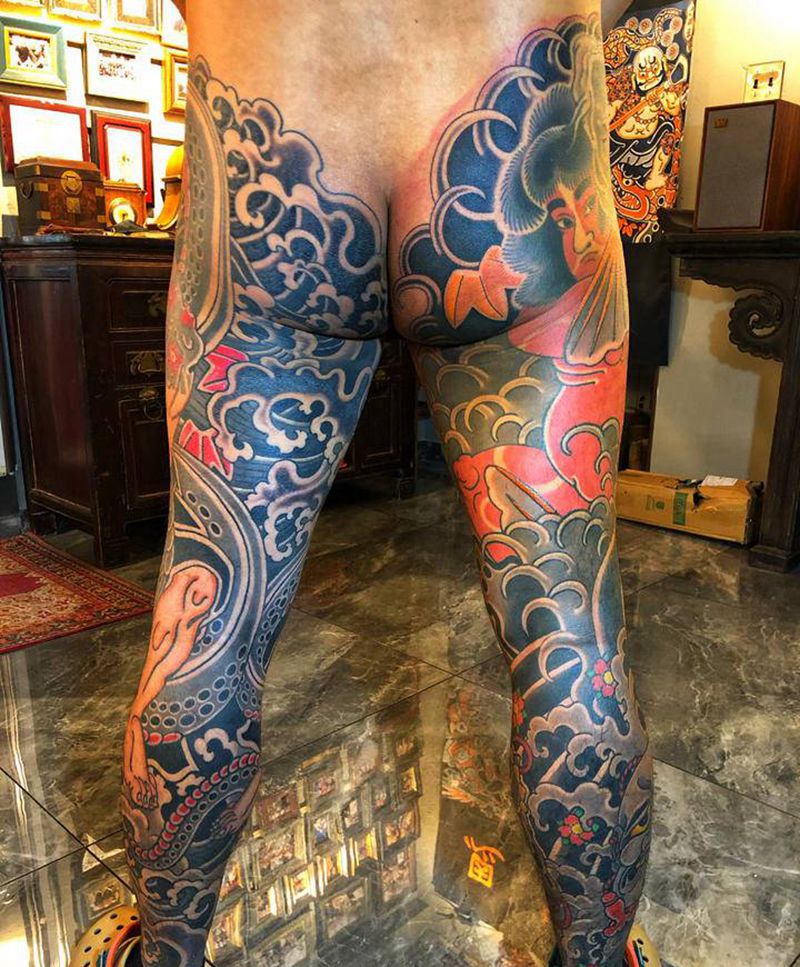 .西塔，VS花和尚纹身图片_腿部老传统纹身图案