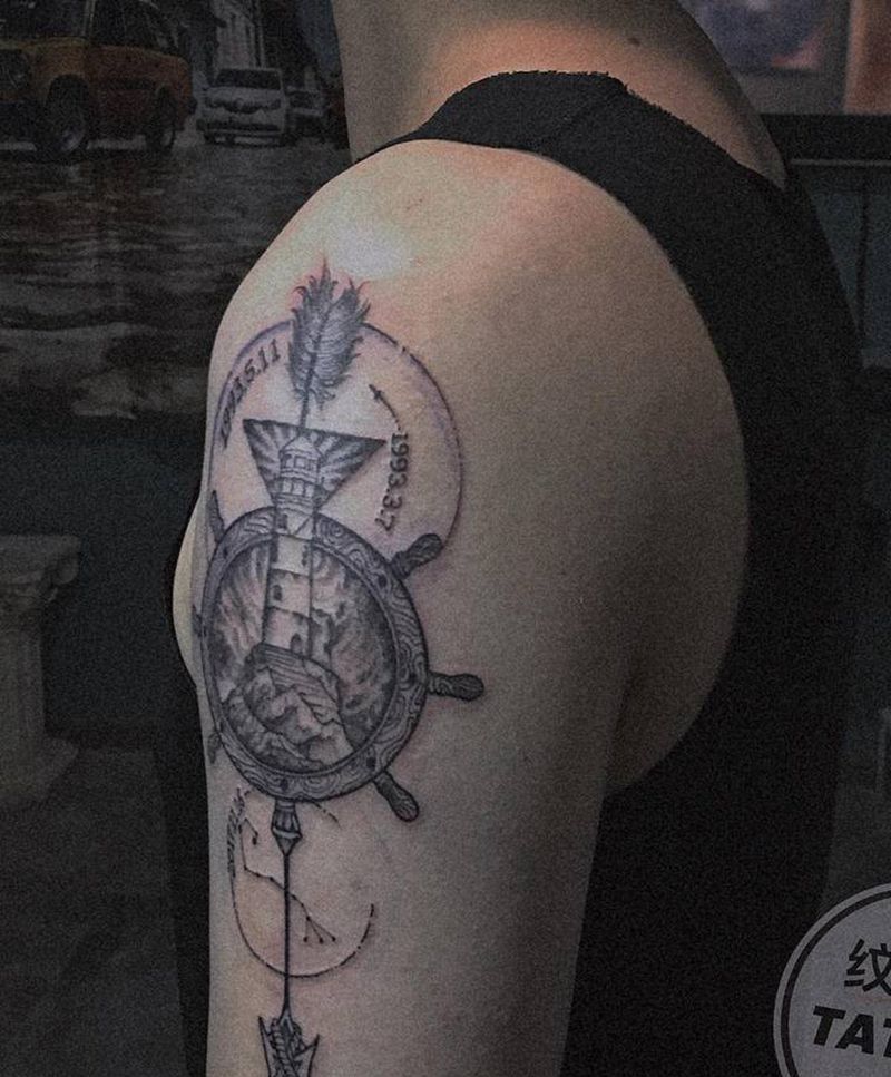 欧美线条纹身图片_手臂肩部点刺几何灯塔，舵轮天蝎座纹身图案