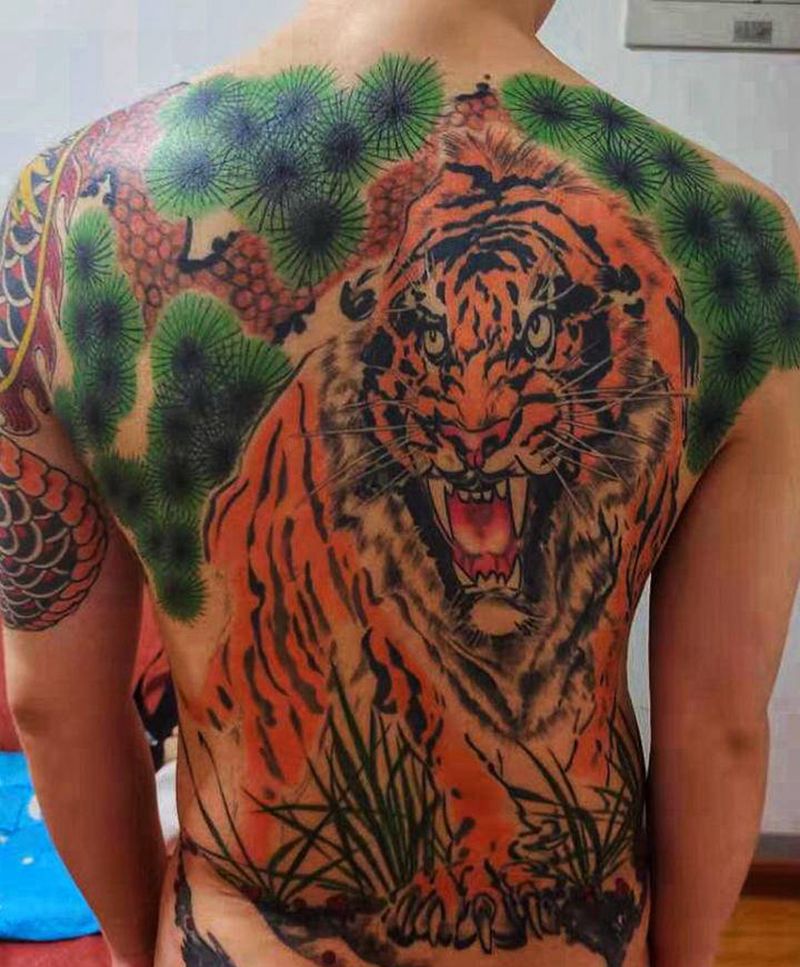 老虎纹身图片_背部水墨新传统纹身图案