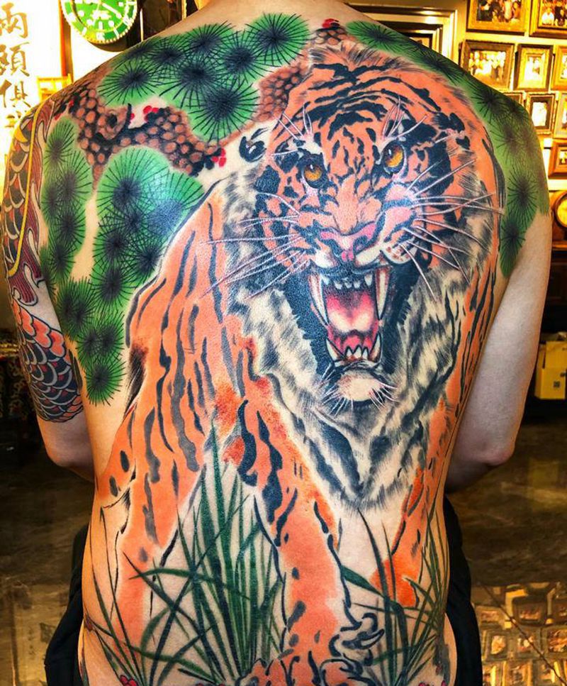 老虎纹身图片_背部老传统水墨纹身图案