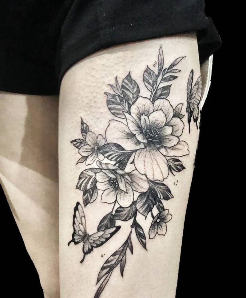 素花纹身图片_腿部点刺纹身图案