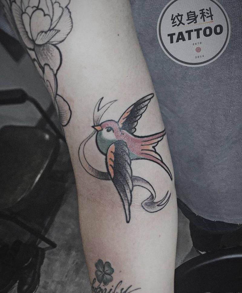 又是一年燕归来纹身图片_手臂Old School燕子纹身图案