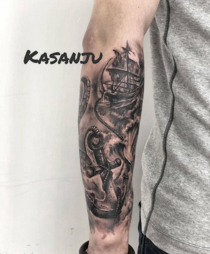 破浪纹身图片_手臂腿部欧美写实船锚章鱼船纹身图案
