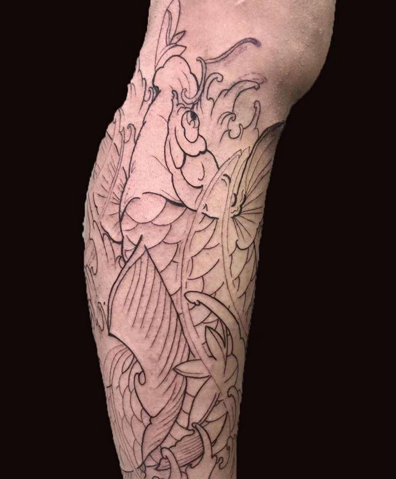 龍渊阁作品纹身图片_腿部老传统水彩纹身图案